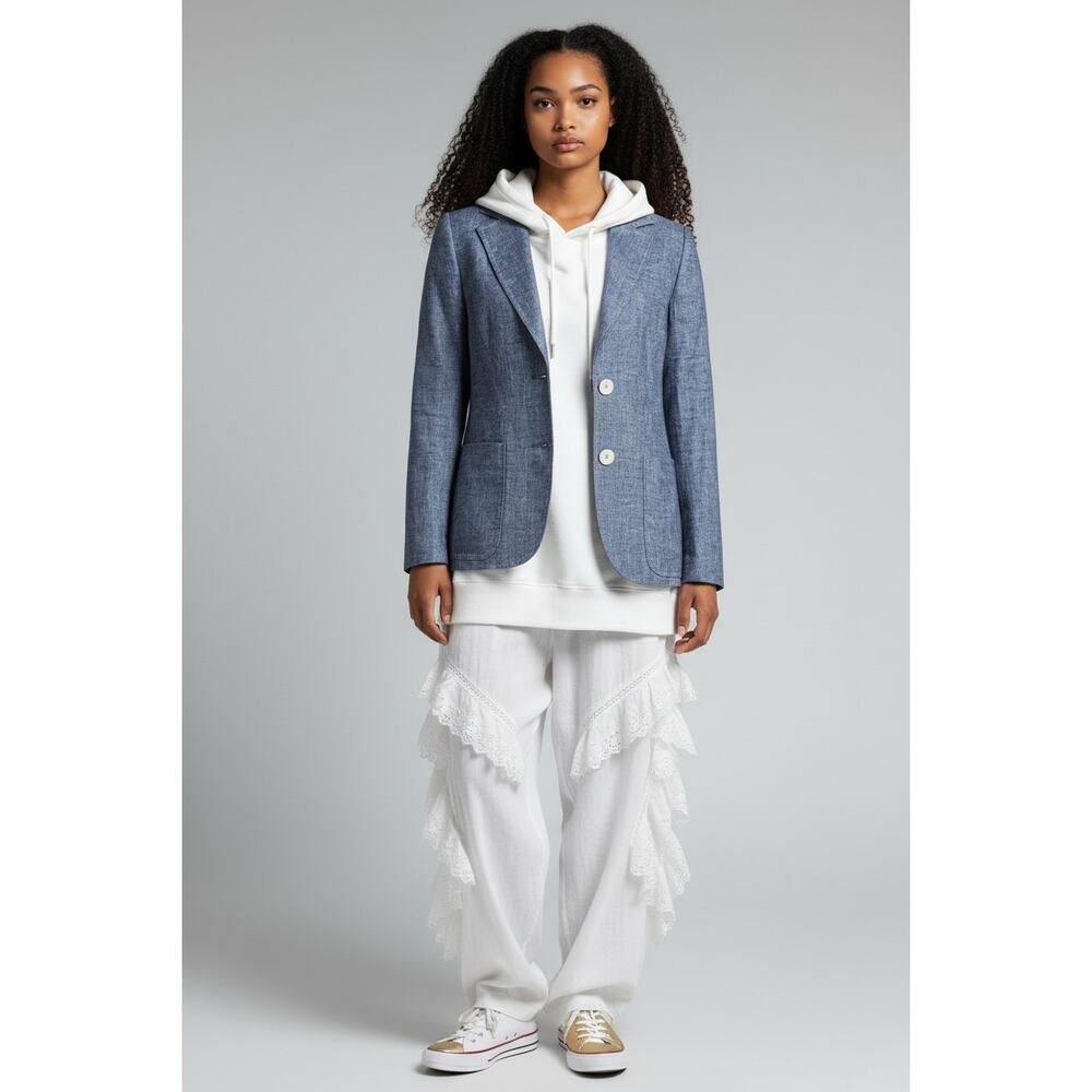 Lorena Antoniazzi Linen Blend Blazer Jacket Blue Chambray Italy Sz:46 (US 10–12)